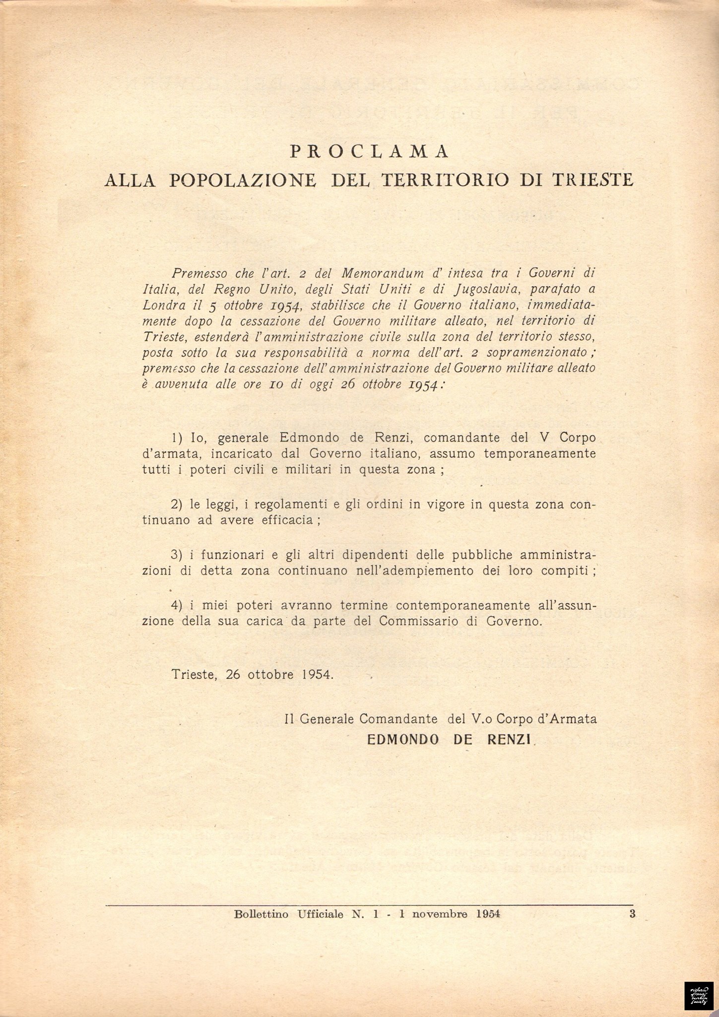 N.54- Proclama ITA Generale Edmondo de Renzi-1954