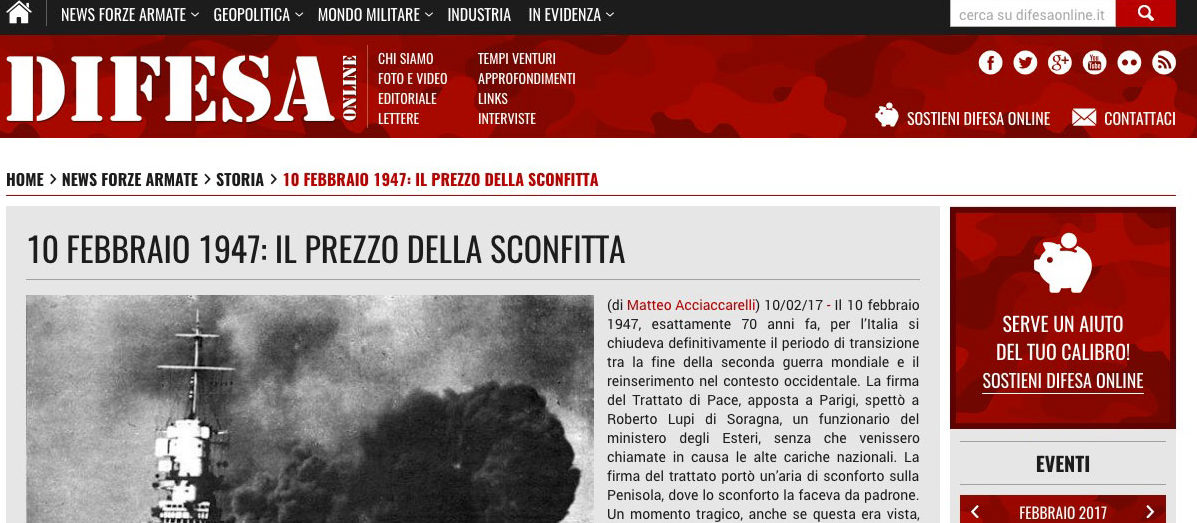 “Difesa online” una testata web legata al mondo militare, pubblica un’articolo sul Trattato di Pace del ’47